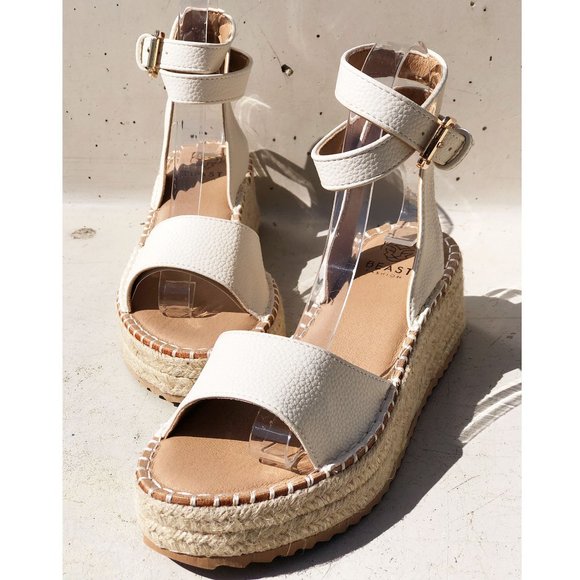 NEW Off White Ivory Ankle Wrap Lace Up Buckle Platform Espadrille Sandals Shoes - Picture 12 of 15